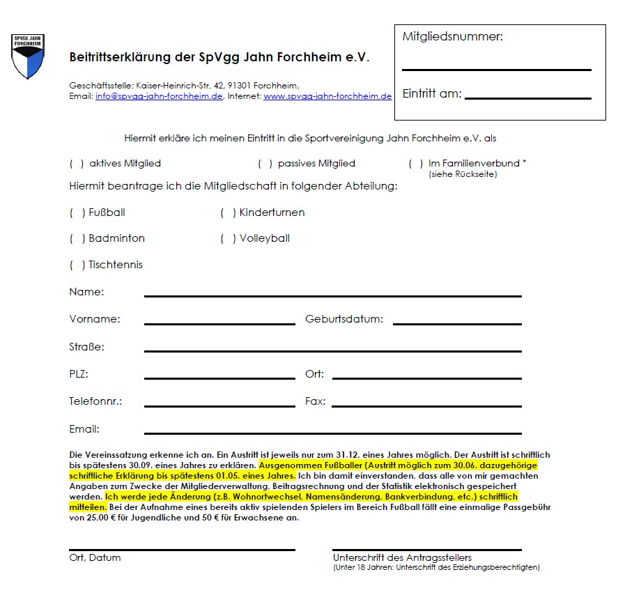 Betrittserklärung SpVgg Jahn Forchheim